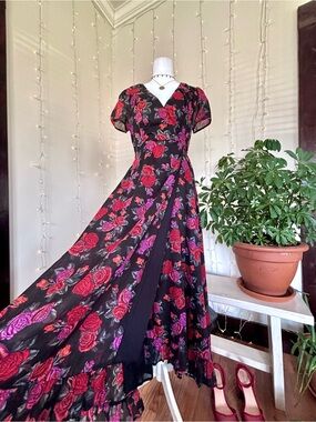 Patrons of Peace Rose Print Cotton Maxi Dress with Red & Purple Rose Print